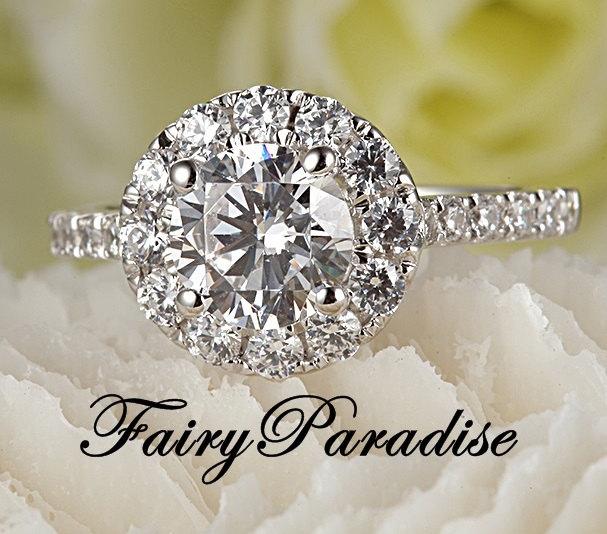 Hochzeit - 1 Carat Round Cut Halo Engagement Ring, Man Made Diamond, 925 Silver Promise Rings for her, Free Ring Box- made to order ( FairyParadise )