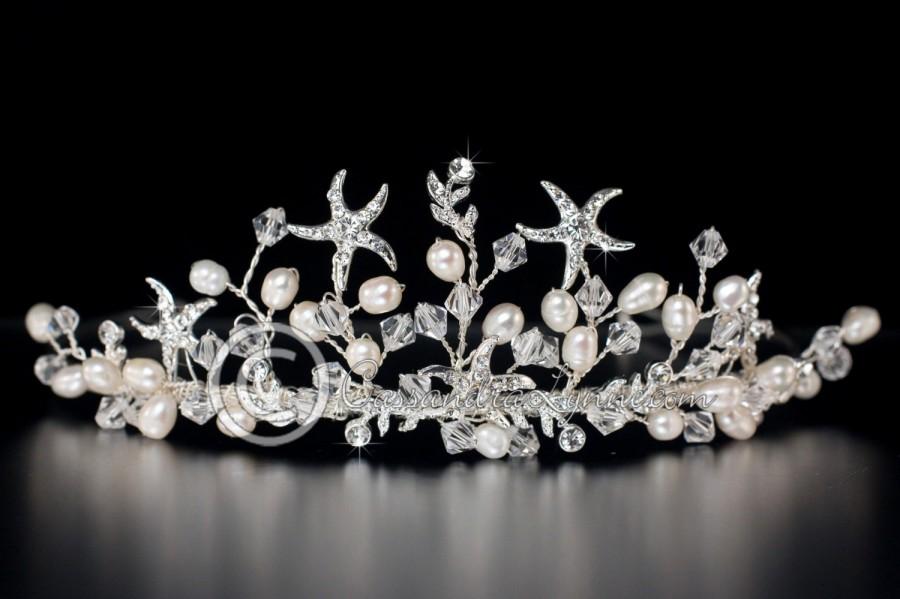 Hochzeit - Beach Wedding Rhinestone Starfish Freshwater Pearl Crystal Bridal Tiara Headpiece Silver