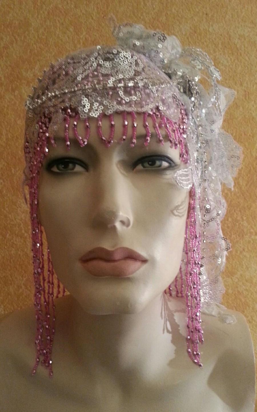 Wedding - Gatsby 20's Style Pink Waterfall Beaded Lace Crystal Flapper Headpiece Hat Bridal Wedding Costume Party Theatrical Burlesque / More Colors .