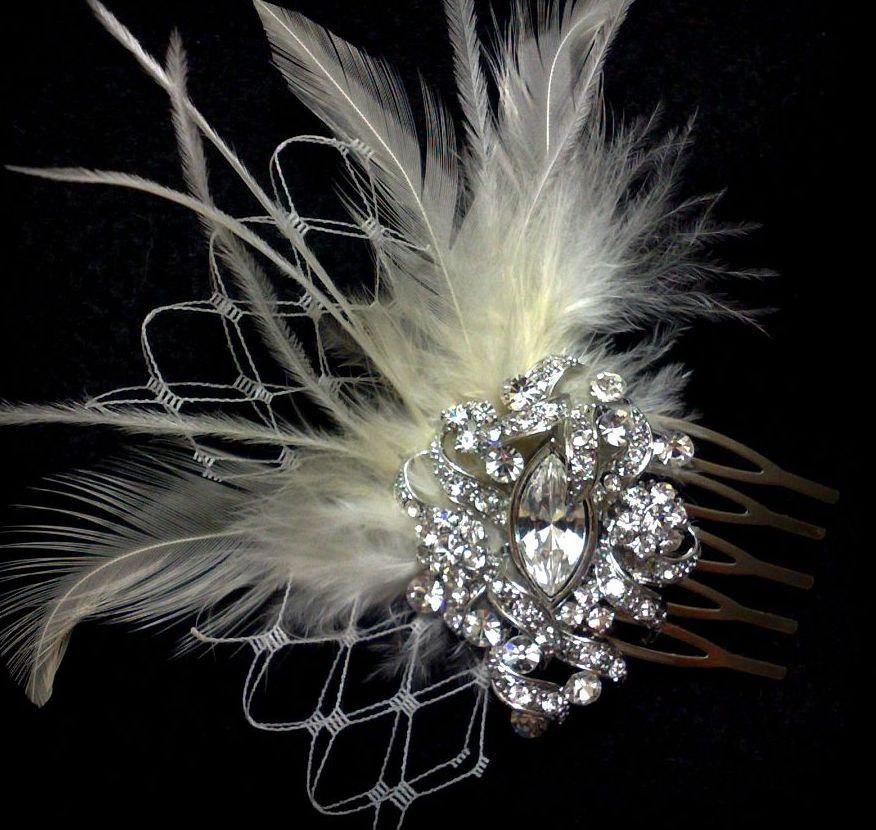 زفاف - Crystal Bridal Hair Comb, Feather Fascinator, Small Hair Jewelry, Victorian Wedding Bobby Pin, VICKY