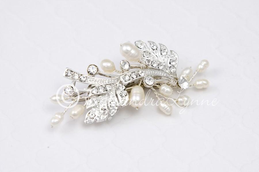 زفاف - Petite Wedding Bridal Barrette Rhinestone Leaves Feathers Freshwater Pearls Ivory Silver Flower Girl Clip
