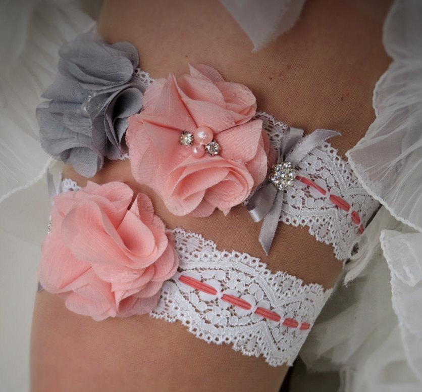 Hochzeit - Coral and Gray Garter Set, White Stretch Lace, Wedding Garter, Bridal Garter, Coral Garter, Customize Garter, Vintage Garter, lace garter