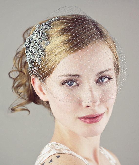 Wedding - Gray And Silver Birdcage Veil With Beaded Lace Applique