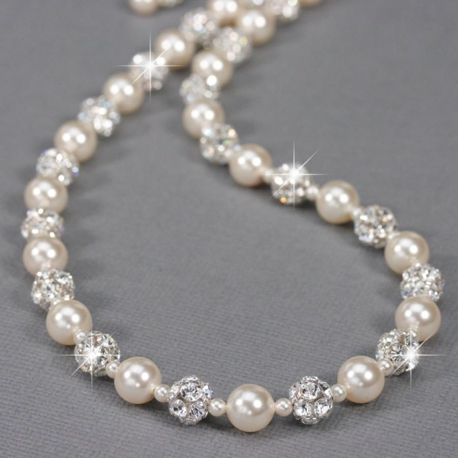 زفاف - Pearl and Rhinestone Necklace, White or Ivory Pearl Bridal Jewelry, Pearl Necklace for Wedding, Vintage Style Wedding Jewelry