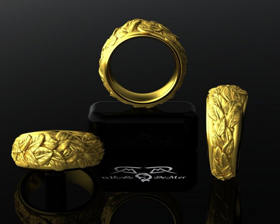 Wedding - Solid gold leaf band wedding ring. Heavy 14kt organic layered leaves vine wreath eternity. Vintage nature 360 fully engraved and patterned.