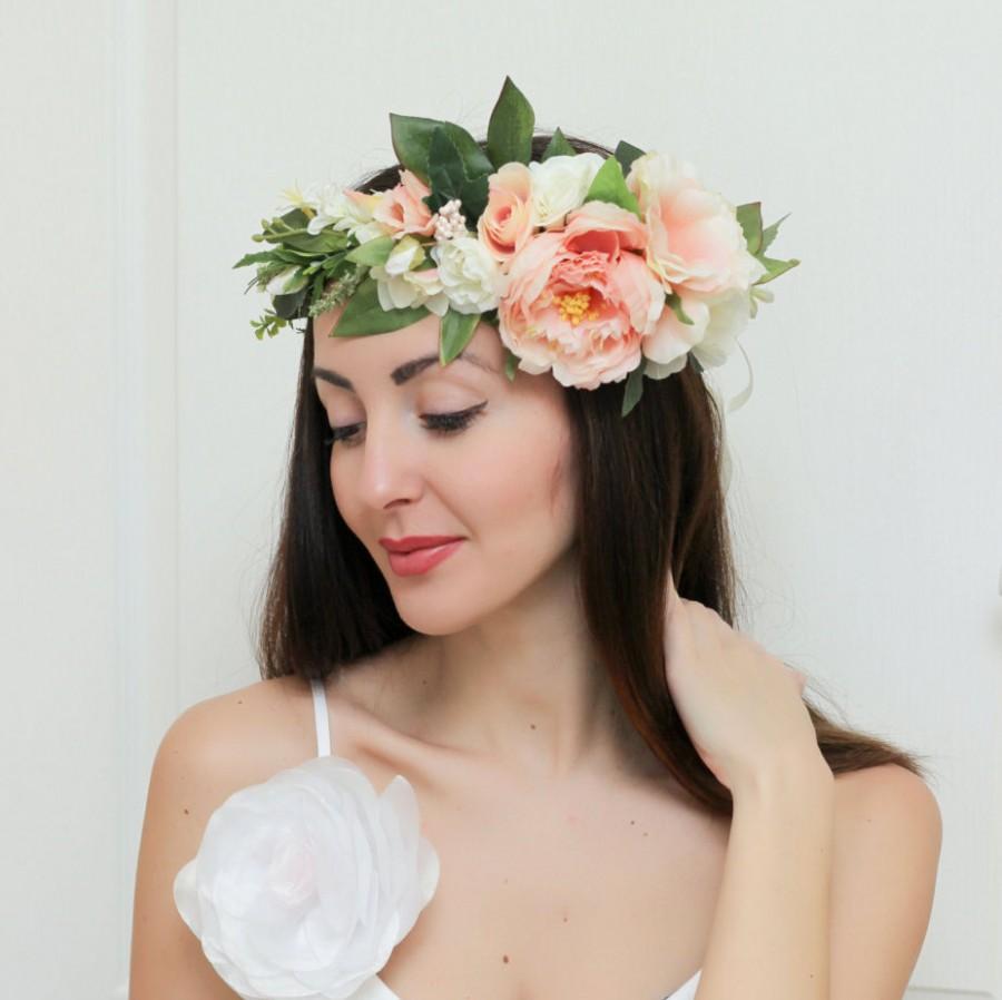 زفاف - Bridal floral crown Summer flower crown Wedding floral crown Rose flower crown Flower head wreath Peach floral crown Boho floral crown