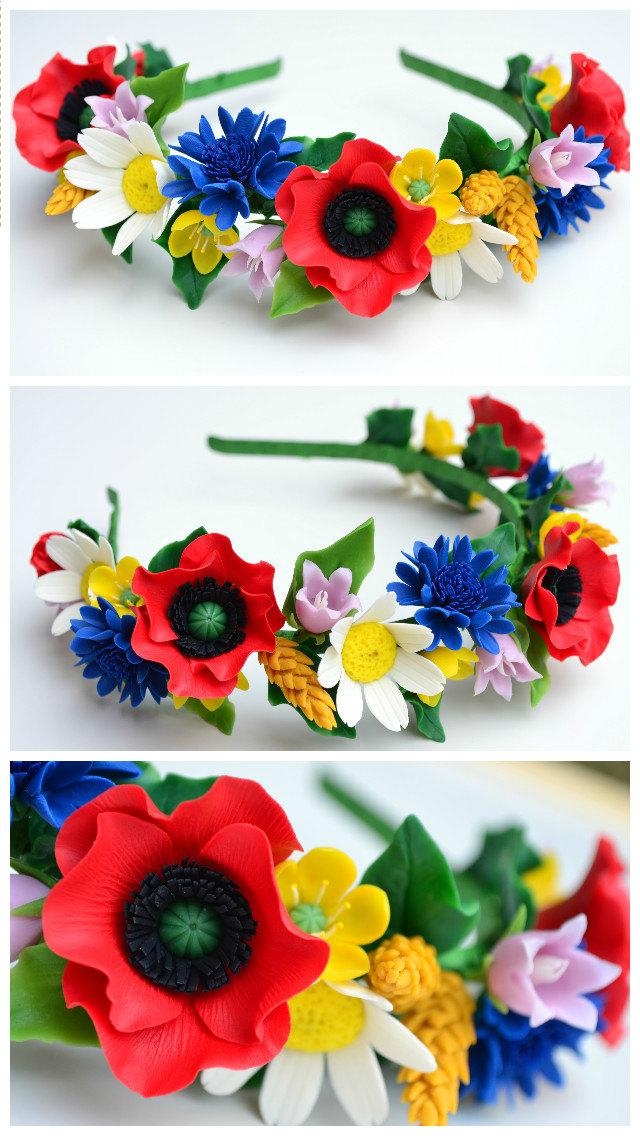 Свадьба - Flower wildflowers rustic wedding hair hoop crown headband headpieced poppy daisy cornflower spike bellflower. Vyshyvanka embroidery hair