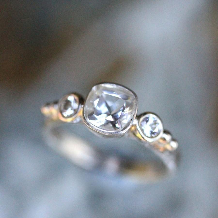 زفاف - White Topaz And White Sapphire Sterling Silver Ring, Gemstone Ring, Three Stones Ring, Engagement Ring, Stacking Ring -Made To Order