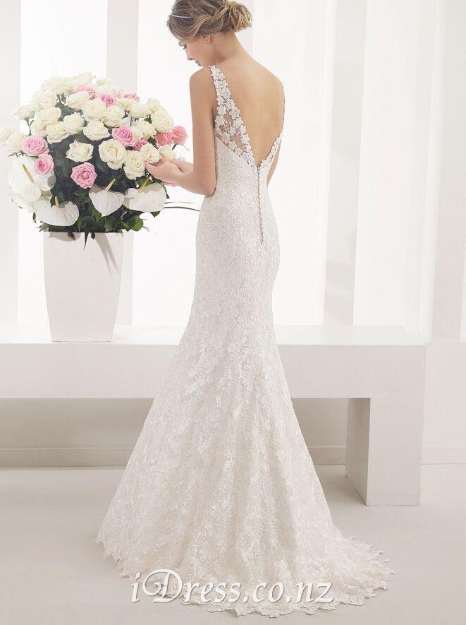 Open Back V Neck Elegant Lace Mermaid Sleeveless Wedding Dress