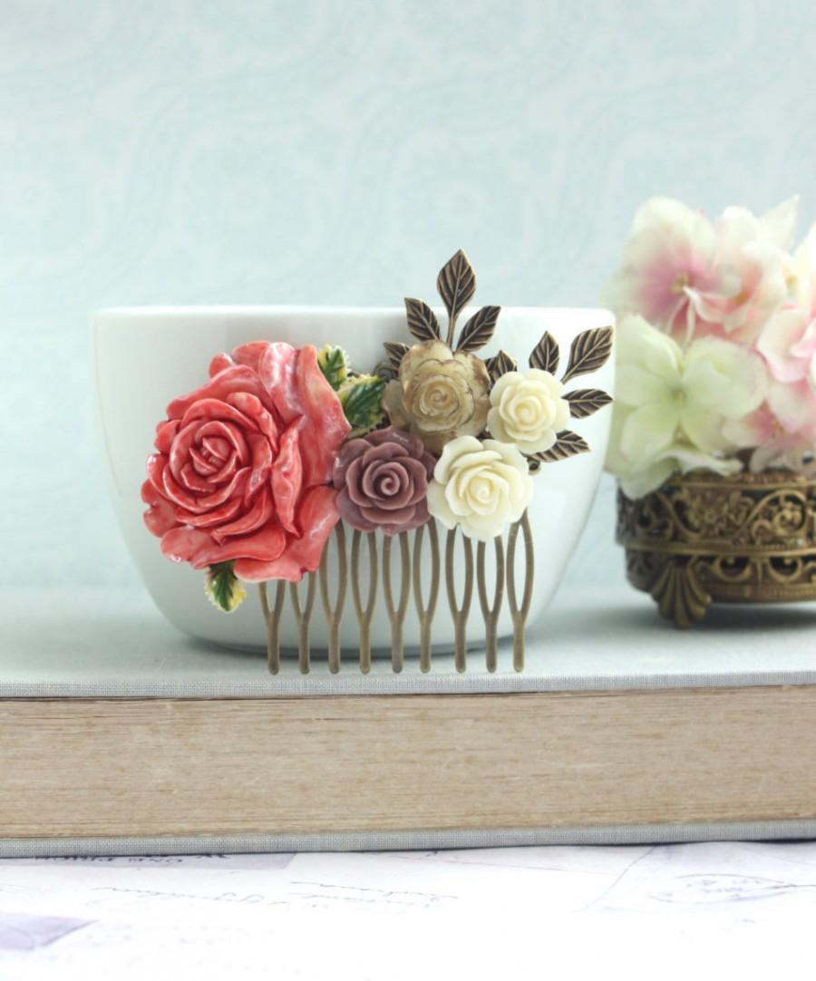 Wedding - Wedding Comb Large Floral Comb Red Gold Rose Comb Dusty Brown Red Brass Leaf, Wedding Comb, Bridesmaids Gift Shabby Rustic Chic Country Chic
