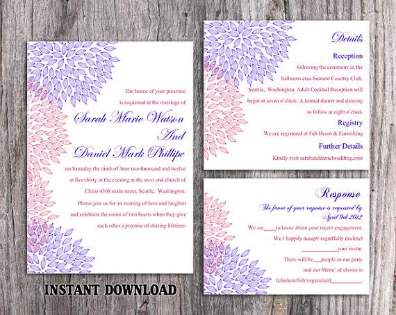 Mariage - DIY Wedding Invitation Template Set Editable Word File Instant Download Printable Blue Wedding Invitation Floral Invite Pink Invitation