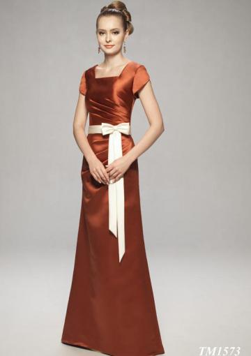 Wedding - Short Sleeves Bowknot Square Lace Up Satin Floor Length