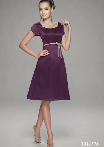 Mariage - Grape Satin Square Bowknot Buttons Knee Length Short Sleeves