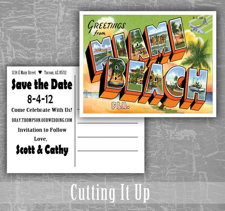 زفاف - Save The Date Postcard, Greetings From Miami, Florida, Colorado, Connecticut, Delaware, Georgia, Destination Wedding, Postcard Save The Date