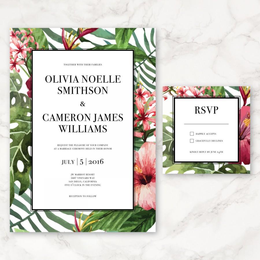 Wedding - Printable Wedding Invitation - Watercolor Tropical Flowers - DIY Printing - Floral Invitation