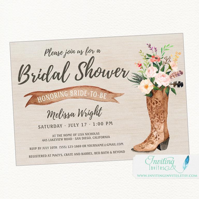 Hochzeit - Cowboy Boot Rustic Bridal Shower Invitation, Country, Boho Chic, Printable or Printed