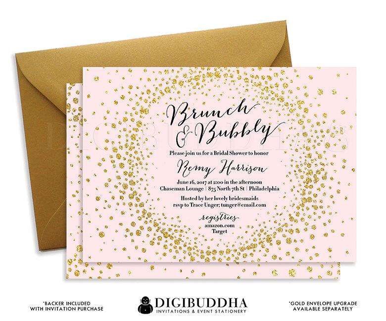Hochzeit - BRUNCH & BUBBLY INVITATION Bridal Shower Invite Blush Pink Gold Glitter Sparkle Calligraphy Elegant Free Shipping or DiY Printable- Remy