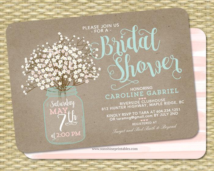 Mariage - Rustic Bridal Shower Invitation Kraft Mason Jar and Baby's Breath Babies Breath Bridal Brunch ANY EVENT Any Colors