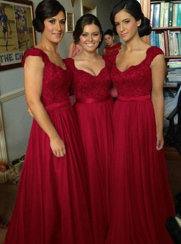 زفاف - Elegant V-neck Floor Length Chiffon Sleeveless Red Bridesmaid Dress
