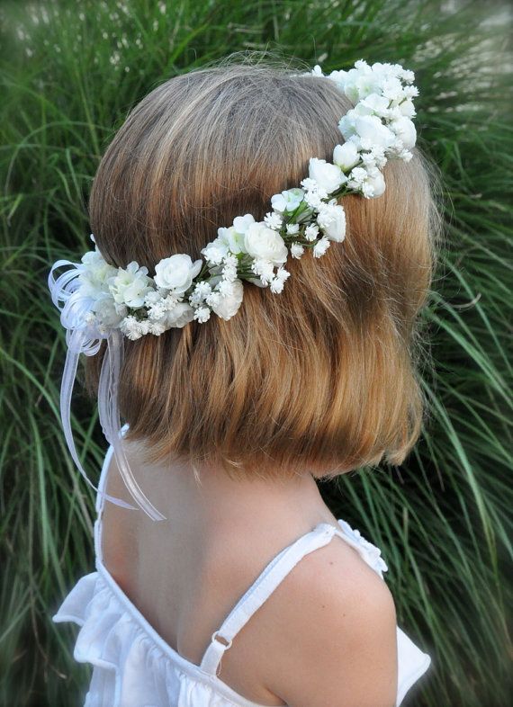 Mariage - Flower Girl Wreath, First Communion Floral Crown, Wedding Flowers, White Rose And Babies Breath Halo By Holly's Flower Shoppe