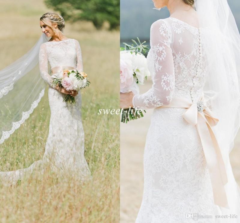 Wedding - High Neck Long Sleeve Lace Wedding Dress Bridal Gown Custom Size 6 8 10 12 14 16
