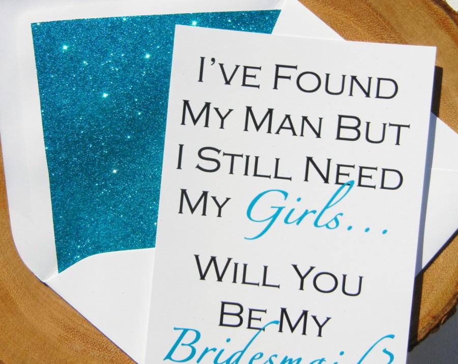 زفاف - Be My Bridesmaid Card // Aqua Turquoise Glitter Liner // White Envelope