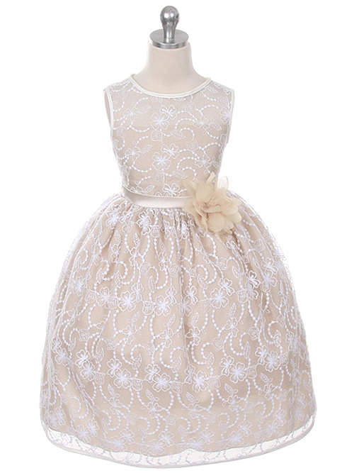 Wedding - Lace Flower Girl Dress with Pin on Flower