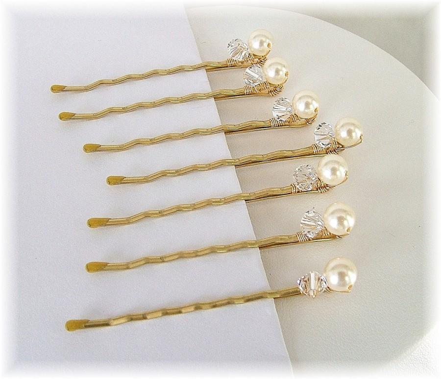 Свадьба - Gold Wedding Hair Accessories, Blonde Wedding Hair, Set of Seven Ivory Cream Pearl and Crystal Bobby Pins
