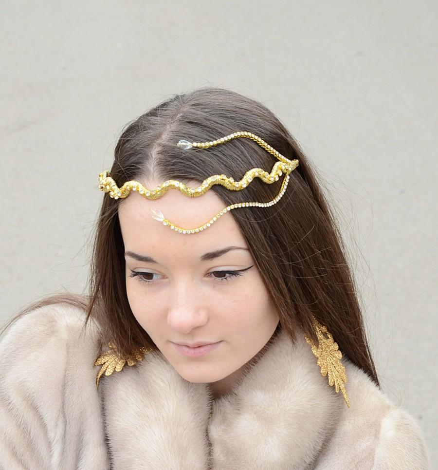 Hochzeit - Gold  Rhinestone Crystal Bridal Headband and Lace Earrings set,  Rhinestone Tiara, Bridal Headpiece, Wedding Hair Accessories