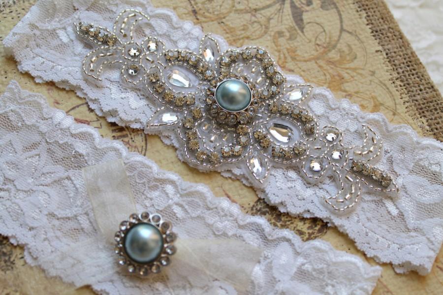 زفاف - Bridal rhinestone beaded applique Something Blue Pearl garter set./ Vintage art deco stretch lace wedding garter.  ART DECO BLUE