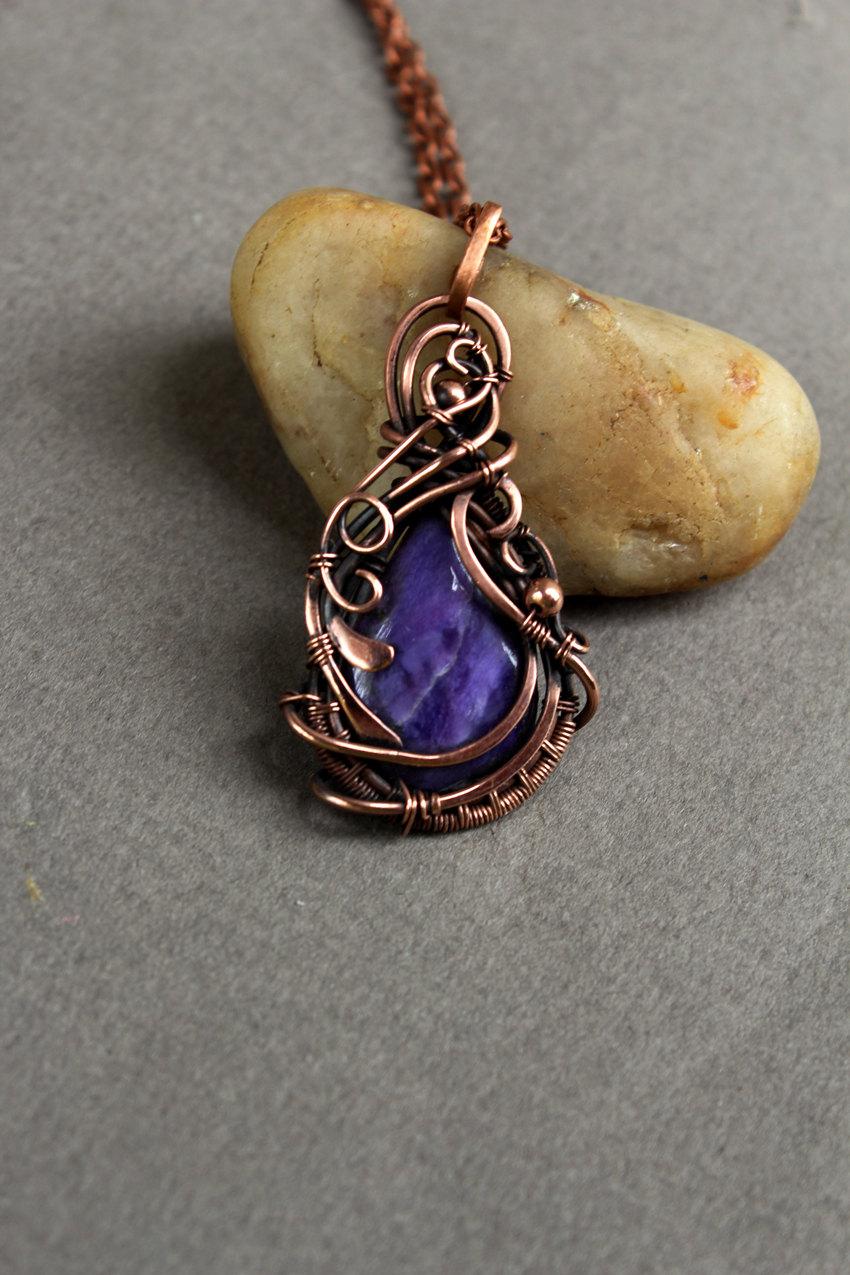 Свадьба - Charoite pendan Modern necklace Artisan jewelry Handmade Natural stone pendant Copper Wire jewelry handmade Magic pendant necklace for women