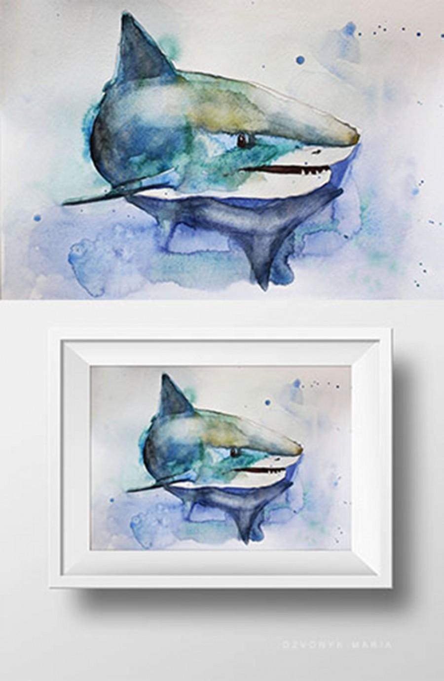 Mariage - Fall Sale ORIGINAL Watercolor Painting Great shark watercolor painting Ocean Art shark art seaside decor Home Decor OOAK