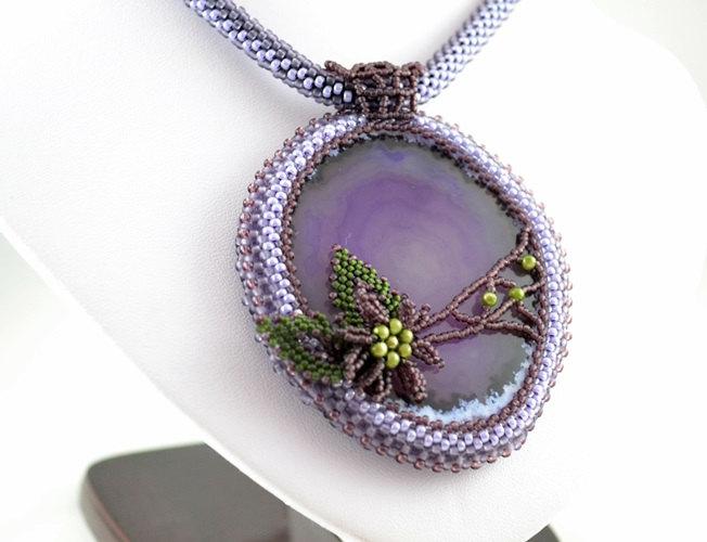 Wedding - Bead Embroidery Necklace. The image on the agate beadwork, rope, gift for her