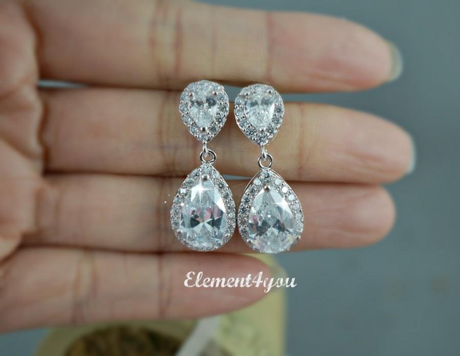 Mariage - Bridal earrings Wedding Jewelry Clear Teardrop cubic zirconia round cz Pear Drop Sparkly Short Dangle Bridesmaid gift Shower Mother of Bride