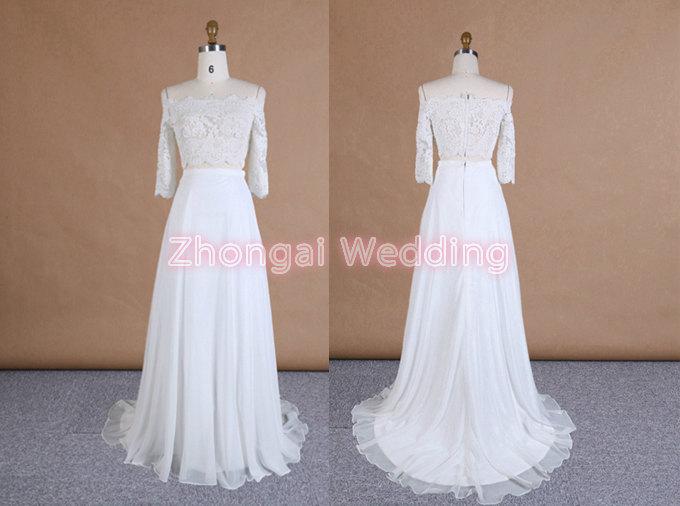 Hochzeit - Two-piece wedding dress, lace and chiffon bridal dress, french sleeves, full length, slim-line shape, Off-shoulder neckline
