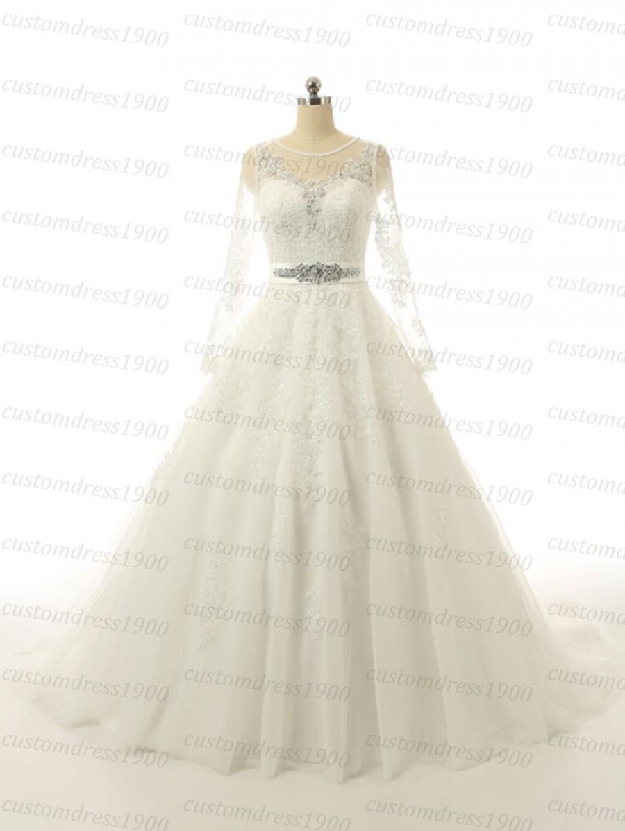 Hochzeit - Long Sleeve Ball Gown Wedding Dress Vintage Beading Crystal Tulle White/Ivory Sweep Strap Women Bridal Gowns