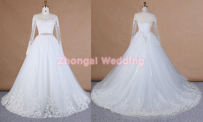 Wedding - Romantic wedding dress, lace bridal dress, long sleeves, beading brooch, sheer boat neckline, ball gown and big train