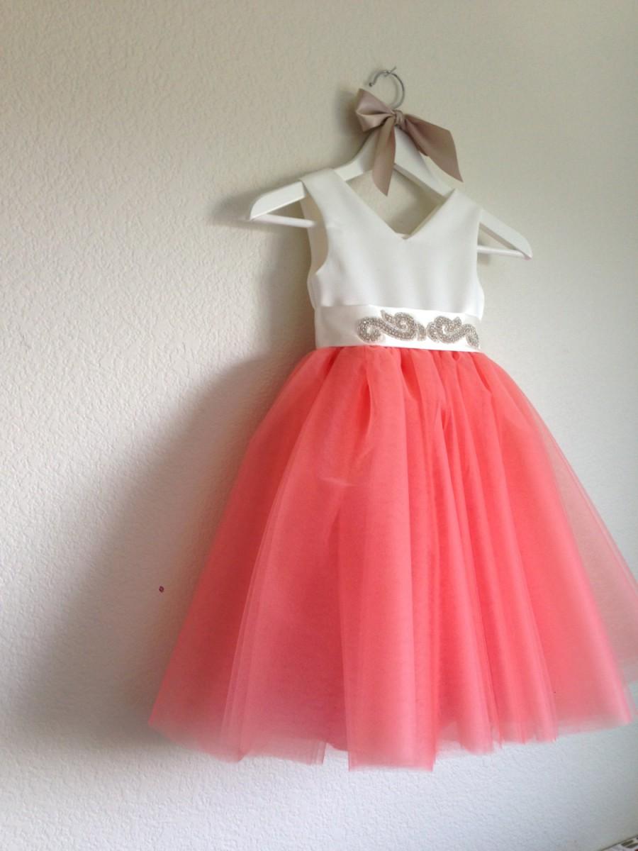 Mariage - Custom Ivory and Coral Tulle Dress with Rhinestone Sash for Natalie
