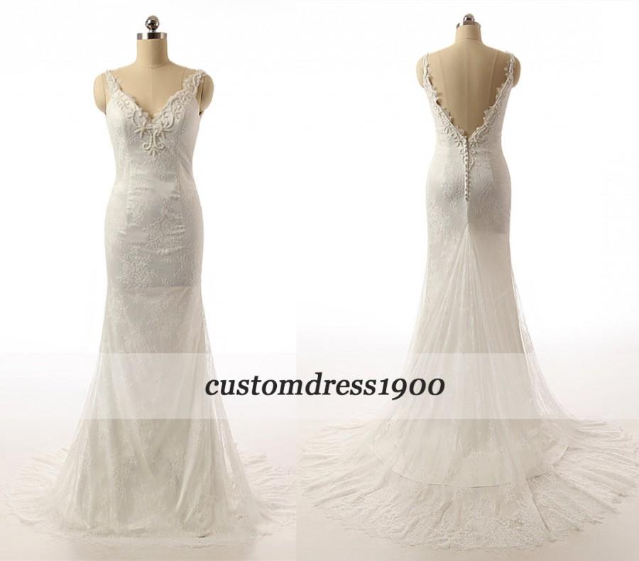 زفاف - White/Ivory Handmade Sexy V-Back Wedding Dress Cap Sleeve V-Neck Appliqued Tulle Mermaid Bridal Gowns