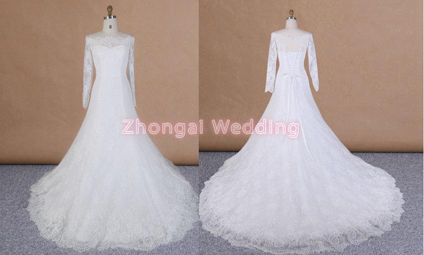 Hochzeit - Off-shoulder neckline wedding dress, long sleeves, lace dress, long trian, lace back up, trumpet silhouettes