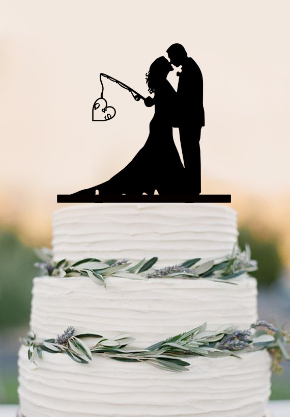 Hochzeit - Custom wedding cake topper,Hooked on Love, personalized topper,fishing cake topper with initials