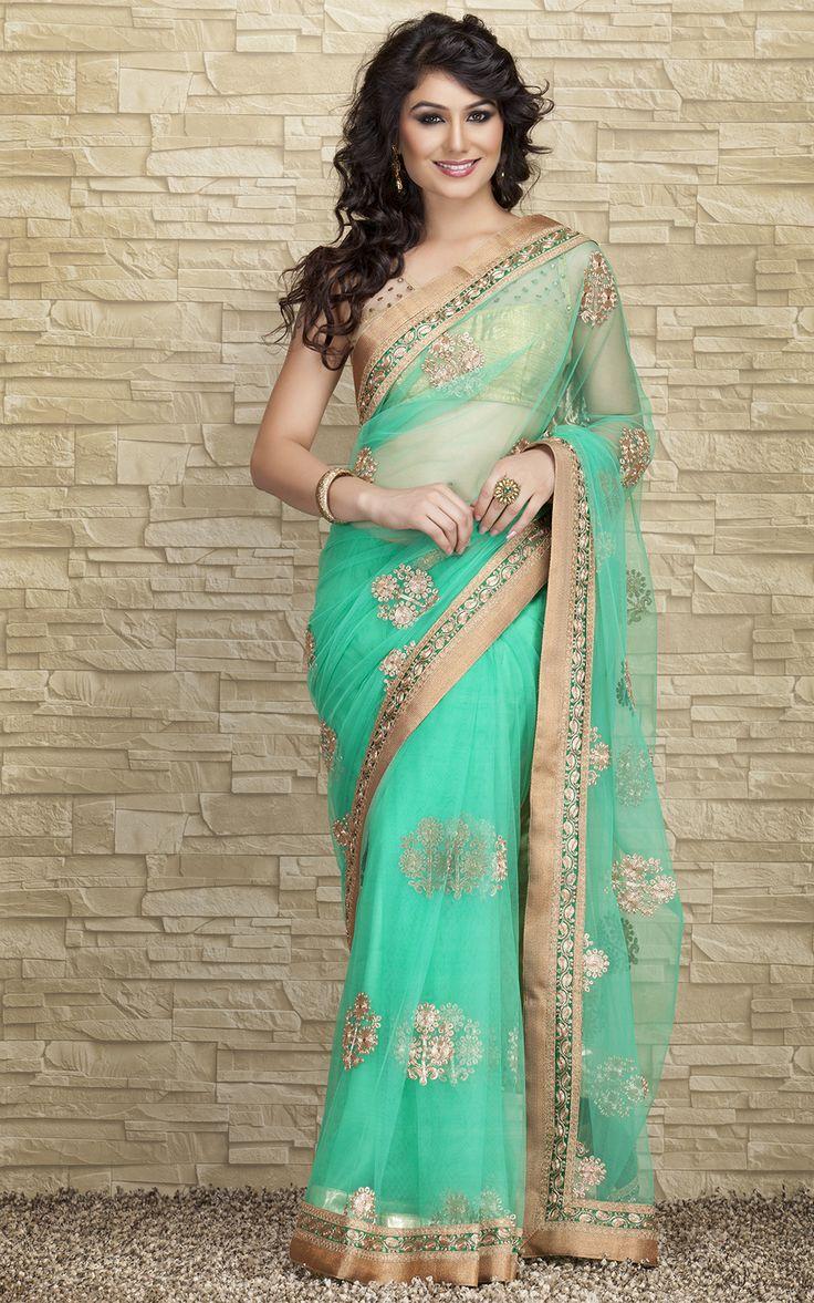Hochzeit - Sky-blue Embroidered Georgette Saree With Blouse