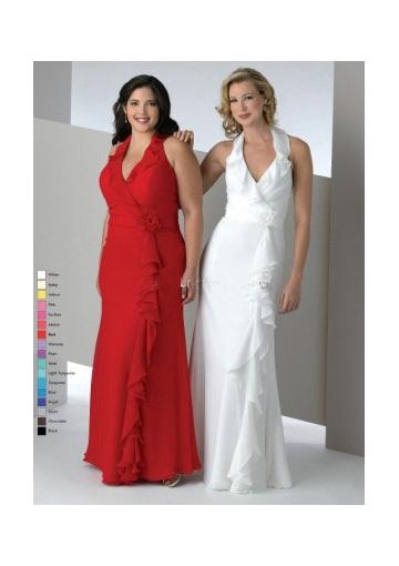 Wedding - Chiffon Red White Sleeveless Halter V-neck Floor Length