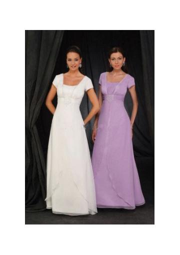 Mariage - Chiffon Short Sleeves White Ruched Lilac Floor Length
