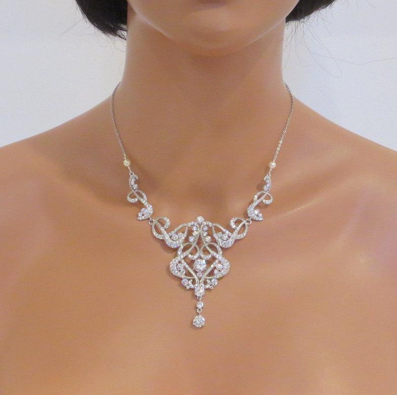 زفاف - Crystal Wedding necklace, Pearl Bridal necklace, Bridal jewelry, Cubic Zirconia necklace, Art Deco necklace, Statement necklace