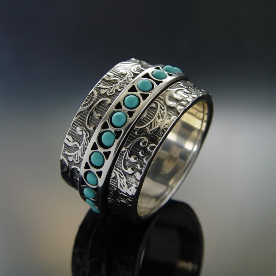 زفاف - Turquoise spinner silver band, Wide Sterling silver ring, Unisex floral band, filigree ring, Vintage silver and gold ring, spinner ring Sale