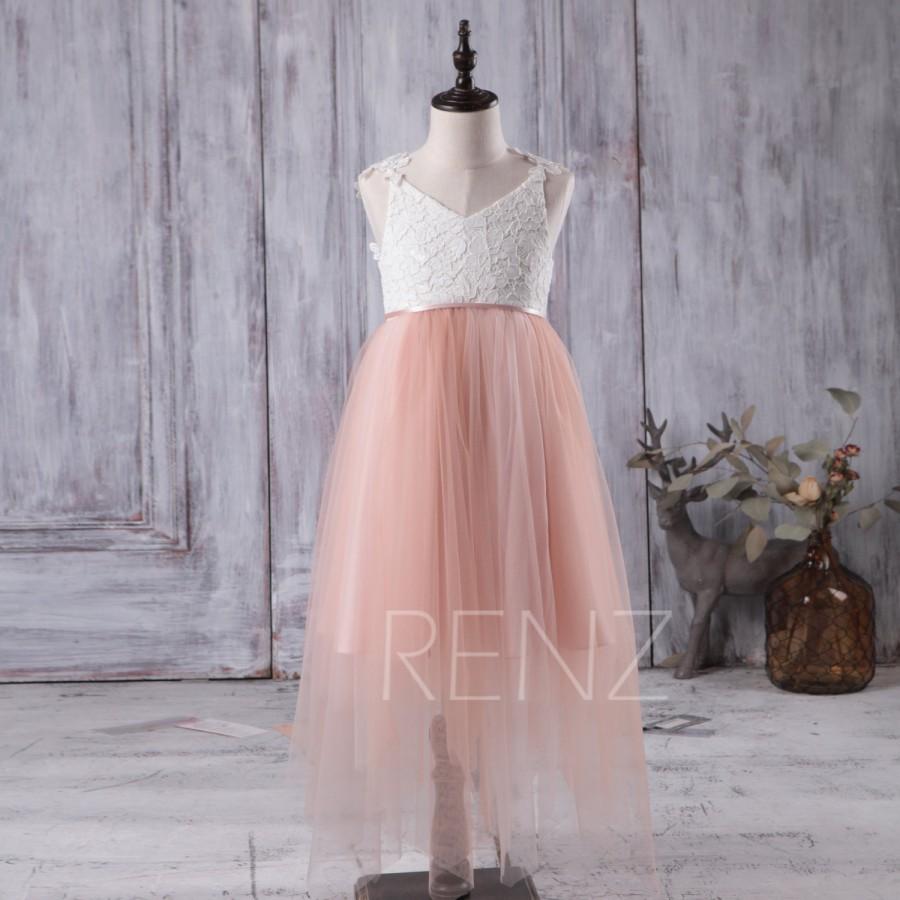 Hochzeit - 2016 Junior Bridesmaid Dress Long, Off White and Peach Flower Girl Dress, A Line Baby Lace Girl Dress, Open Back  Dress Floor Length (LK121)