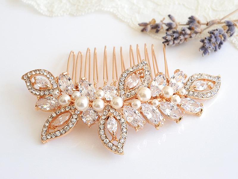 زفاف - Rose Gold Bridal Comb, Rose Gold Wedding Hair Comb, Crystal Leaf Hair Comb, Swarovski Pearl Bridal Headpiece, Bridal Hair Clip, AUGUSTINA