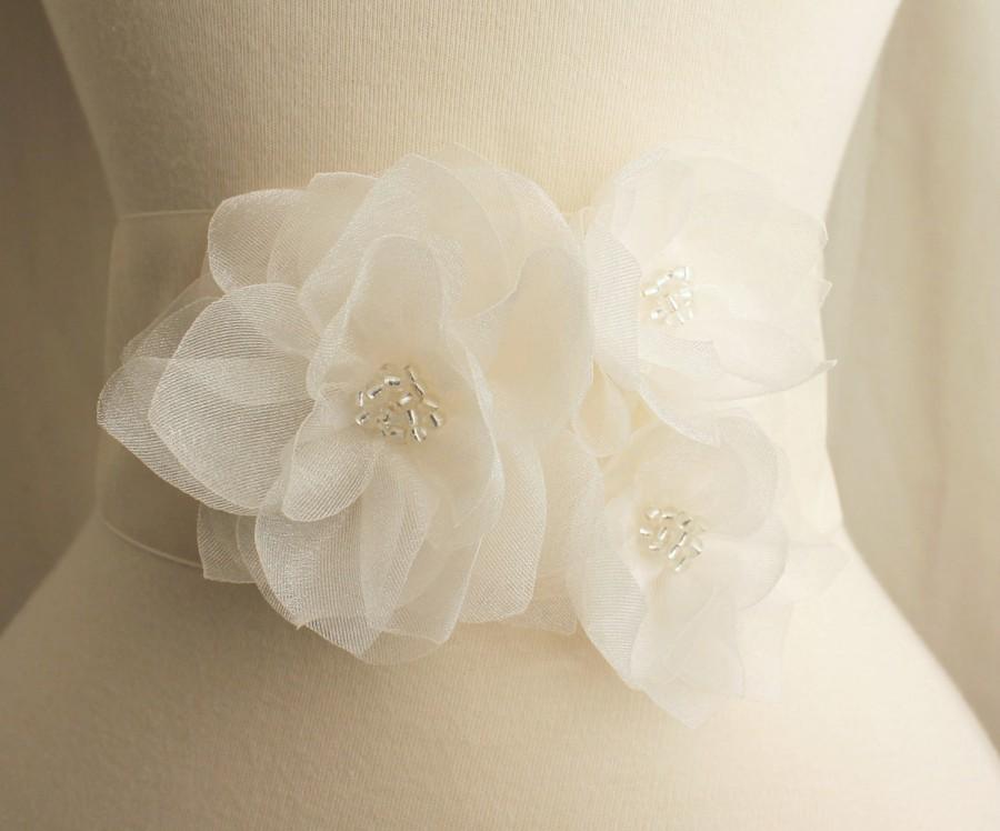 Hochzeit - Bridal Organza Dahlia Floral Sash - Ivory - Bridal Sash Belt - Flower girl Bridesmaids Sash Set - Wedding Gift Accessory