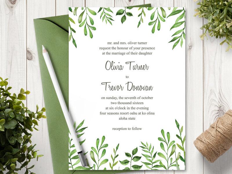 Mariage - Watercolor Wedding Invitation Template "Lovely Leaves", Green. DIY Printable Nature Invite. Editable Text MS Word Template. Instant Download